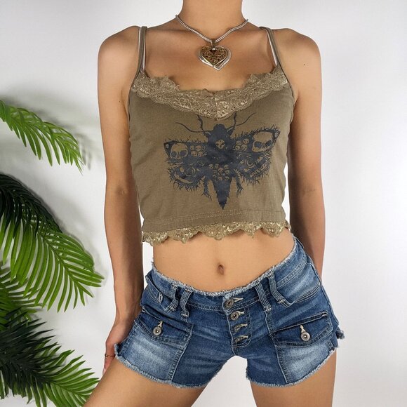 Y2K Style Olive Lace Fairy Grunge Whimsigoth Camisole Crop Top Tank / S/M - Picture 1 of 5
